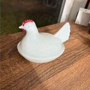 Vintage hen on nest milk glass dish